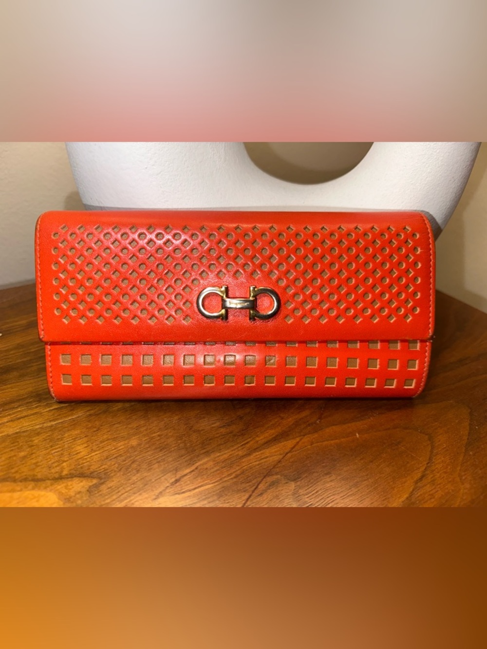 Salvatore Ferragamo Perforated Leather Wallet Red-Orange Gancini Flap Italy